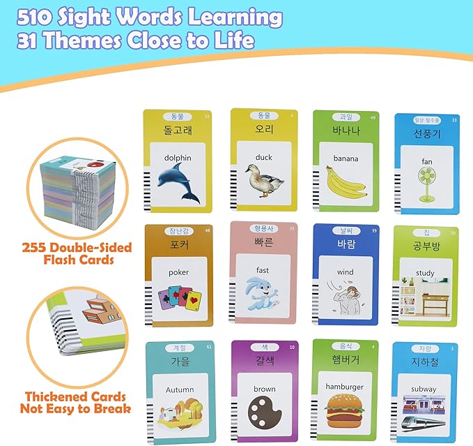MAYAPHILOS 510 Words English and Korean Talking Flash Cards Bilingual, Educational Toy, Korean Language Learning Toys Pocket Speech for Toddlers
