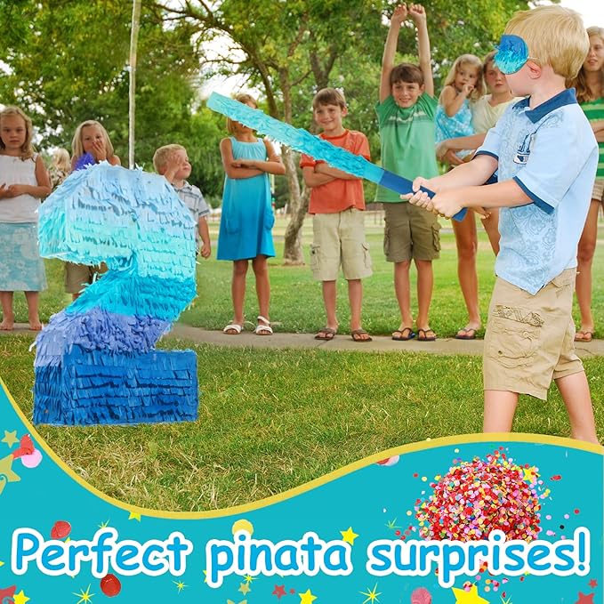 Sratte Number 1 2 3 4 5 6 7 8 9 Piñata with Stick Blindfold Confetti, Gradient Blue Piñata for Kids Boys Girls Birthday Party Anniversary Decorations Supplies(Number 2)