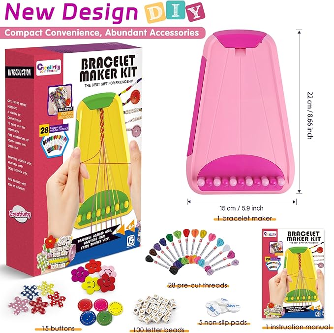 Arts and Crafts for Kids Ages 8-12,Friendship Bracelet Making Kit for Girl,Kids Jewelry Making Kit with 28 Pre-Cut Threads,Christmas Birthday Gifts for Ages 6 7 8 9 10 11 12 Year Old Pink