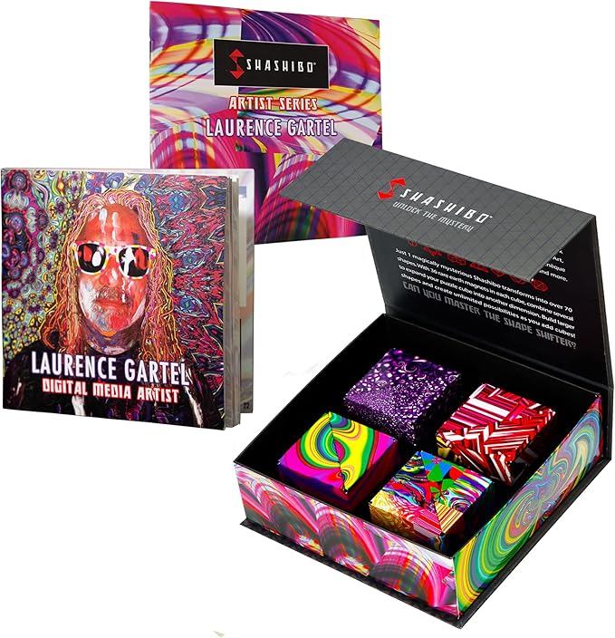 Shashibo Limited Edition Gartel Shape Shifting Box - Award-Winning, Patented Fidget Cube w/ 36 Rare Earth Magnets - Designed by Digital Art Pioneer Laurence Gartel (4 Pack)