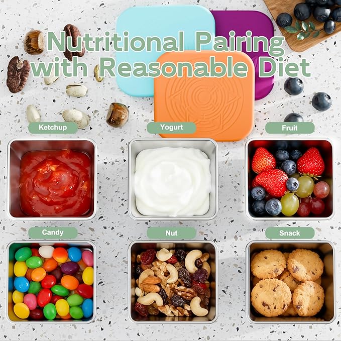 6-Pack 6oz Stainless Steel Snack Containers for Kids, Leak-Proof Metal Toddler Food Storage Containers with Silicone Lids & 64 Writable Labels, Stackable Lunch Box for School, Office, Picnic, Home