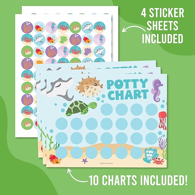 Hadley Designs Potty Training Chart for Toddlers Boys -10 Sticker Potty Chart for Toddlers Girls, 8.5x11" Potty Training Sticker Charts for Toilet Success, Under The Sea Toddler Reward Chart for Kids