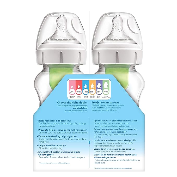 Dr. Brown's Natural Flow Anti-Colic Options+ Wide-Neck Baby Bottles, 9 oz/270 mL, with Level 1 Slow Flow Nipple, 4 Pack Good Morning/Good Night Gift Set