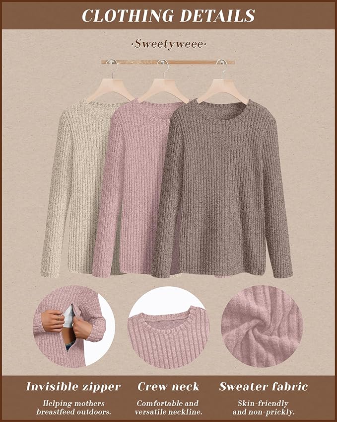 3 Pack Women's Nursing Long Sleeve Tops Breastfeeding Thermal Sweaters with Hidden Zipper Maternity Ribbed Shirts