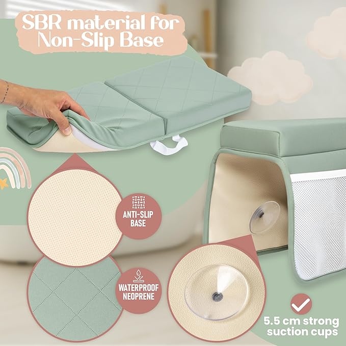 Bornealand® 2" Extra Thick Baby Bath Kneeler and Elbow Rest Pad Set + Hooded Towel - Embroidered Kneeling Pad for Bathing Baby - Dual-Layer Memory Foam Bathtub Kneeler and Elbow Rest Set
