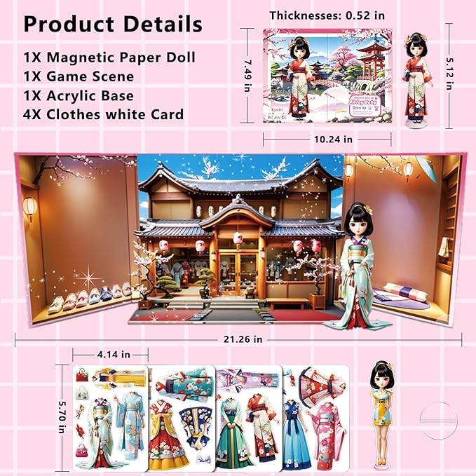Yuzee Paper Dolls Stickers - Magnetic Dress Up Dolls for Girls - Toddler Travel Toys - 1 Paper Doll and 33 Clothing Accessories with 3D Magnetic Game Scene, Foster Creativity and Imagination