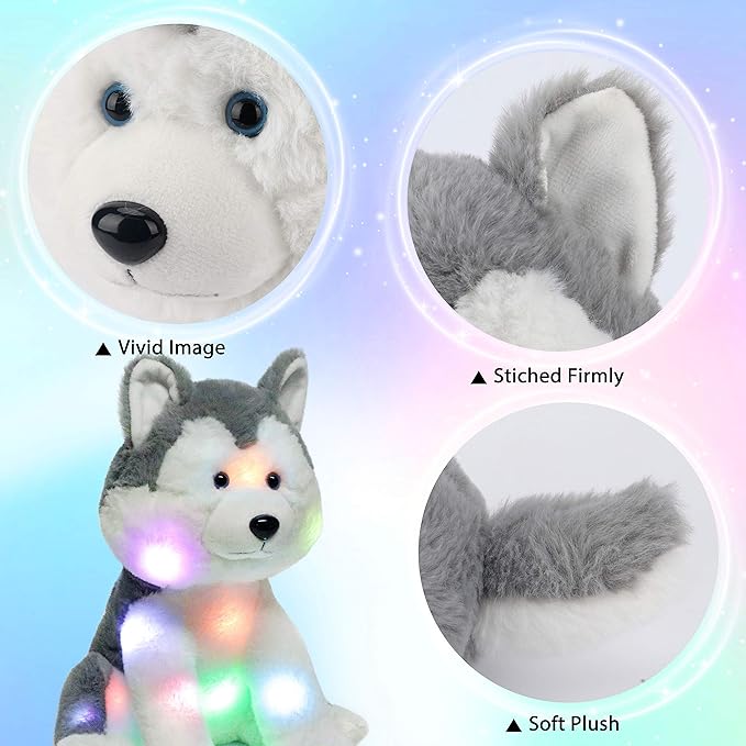 Hopearl LED Plush Husky Light up Stuffed Animal Dog Floppy Puppy Night Lights Glow in The Dark Birthday Festival for Kids Toddler Girls, Gray, 12''
