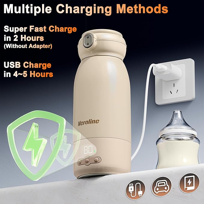 Portable Bottle Warmer for Travel, 17 Oz Baby Bottle Warmer, Super Fast Charging Milk Warmer with Adjustable Temp & Keep Warm for Formula, Breastmilk, Rechargeable & Cordless Water Warmer