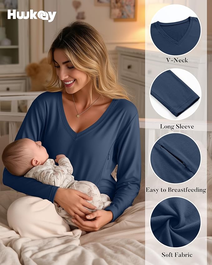 Huukeay 3 Pack Women's Long Sleeve Nursing Tops, Breastfeeding Hidden Zippers Shirts V Neck Maternity Pregnancy Tees Clothes