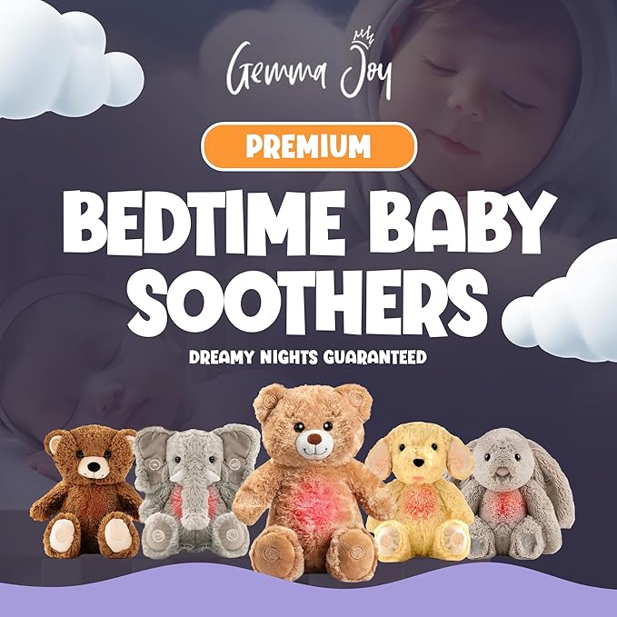 Gemma Joy Bedtime Baby Soothers for Sleep, Cry Activated Heartbeat Stuffed Animal for Baby, Newborn, Calming Light, Lullaby Music, White Noise, Shush and Mother’s Heartbeat - (Bear, Rechargeable)
