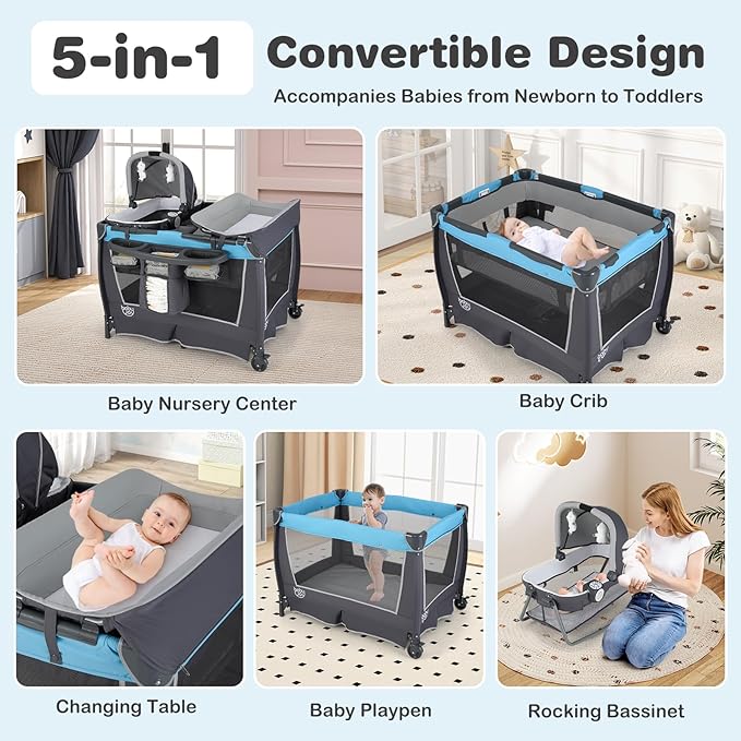 BABY JOY 5 in 1 Pack and Play, Portable Nursery Center Baby Playard w/Bassinet & Diaper Changing Table, Infant Bassinet Activity Center with Toys, Music, Oxford Bag for Toddlers (Royal Blue, Classic)