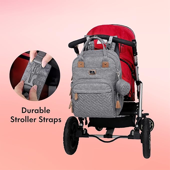 Dikaslon Diaper Bag Backpack with Portable Changing Pad, Pacifier Case and Stroller Straps, Large Unisex Baby Bags for Boys Girls, Multipurpose Travel Back Pack Moms Dads, Gray