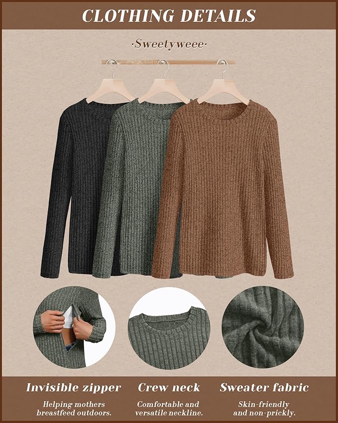 3 Pack Women's Nursing Long Sleeve Tops Breastfeeding Thermal Sweaters with Hidden Zipper Maternity Ribbed Shirts