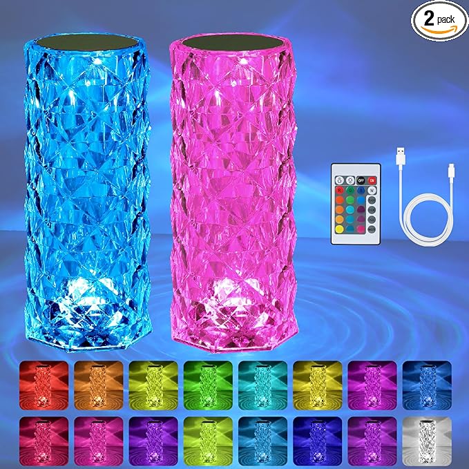 VoMii 2 Pack Crystal Lamp Touch, RGB 16 Colors Changing Night Light, Rechargeable Crystal Table Lamp Bedside Lamp, Cordless Rose Diamond Battery Night Light, for Bedroom/Party/Dinner/Decoration