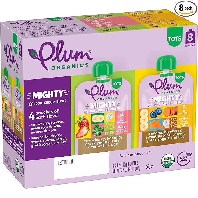 Plum Organics Variety Pack, 12+ Months - Mighty 4 Food Group Blend - Organic Fruit and Veggie Toddler Food Pouches - 4 oz Pouch (Pack of 8)