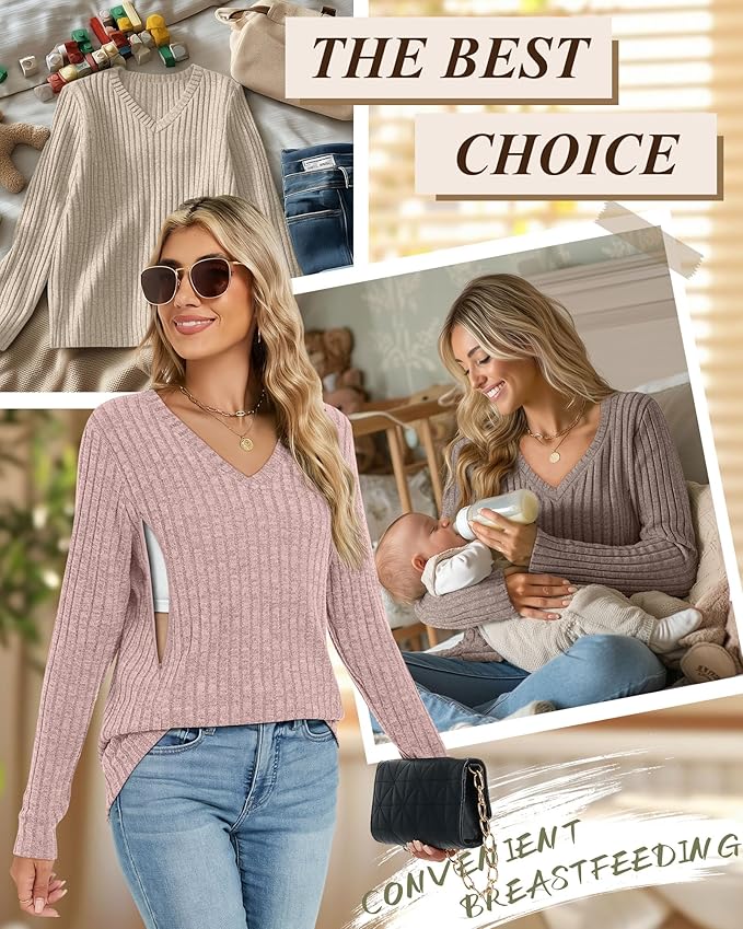 3 Pack Women's Maternity Nursing Tops, V Neck Breastfeeding Sweaters Long Sleeve Hidden Zipper Shirts