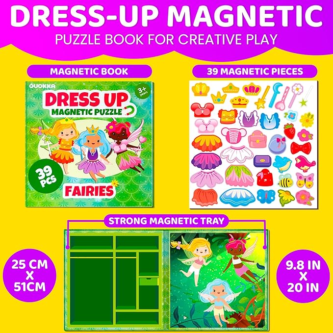 QUOKKA Magnetic Dress-Up Dolls for Girls Boys with 35 Magnetic Pieces - Creative Magnetic Play Set for Home or Travel - Perfect Paper Dolls for Ages 3 and Up, Boost Storytelling with Fairies