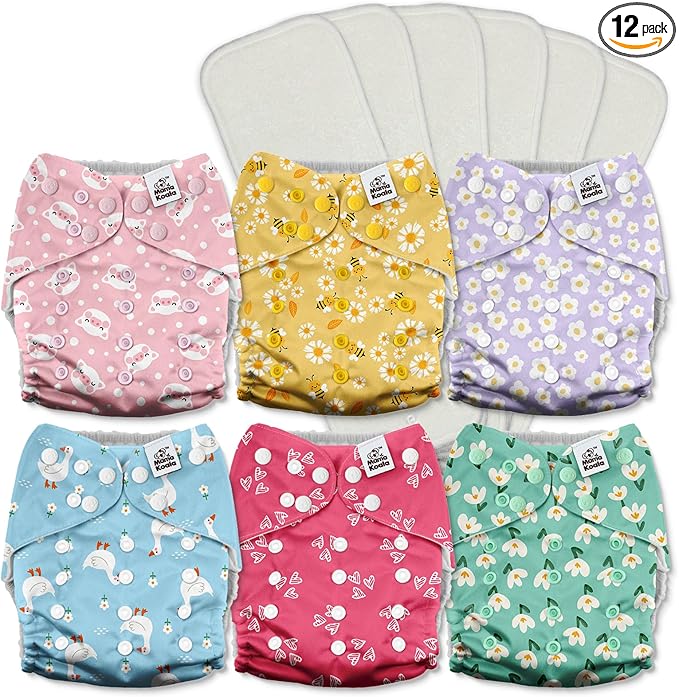 Mama Koala 3.0 Cloth Diapers for Babies with AWJ Lining, 6 Pack with 6 5-Layer Natural Cloth Diaper Inserts - Reusable and Washable Pocket Diapers(A-Flower Romance)