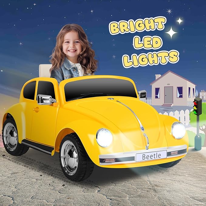 12V Kids Electric Car, Power Wheels with Remote Control, Ride on Car Toys with LED Light, 3 Speeds, Music, Yellow