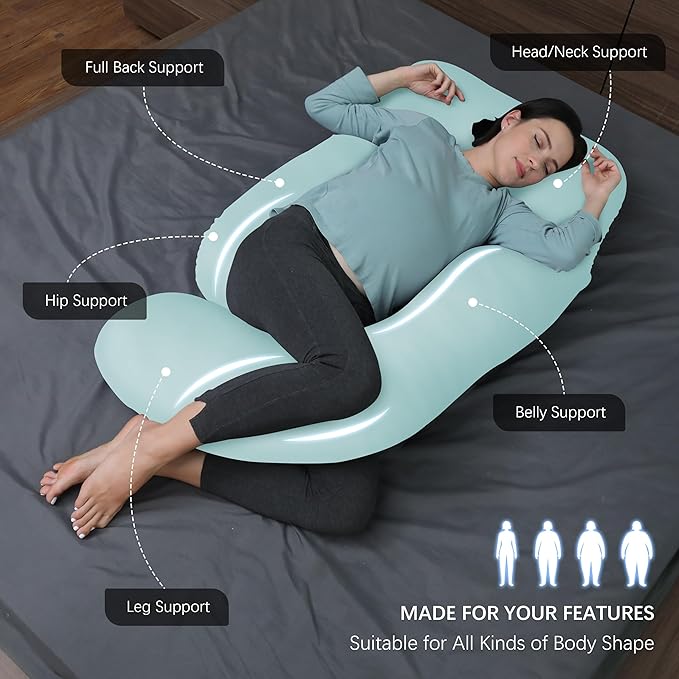 MOON PARK Pregnancy Pillows for Sleeping - U Shaped Full Body Maternity Pillow with Removable Cover - Support for Back, Legs, Belly, HIPS - 65 Inch - Ice Blue - Cooling Cover