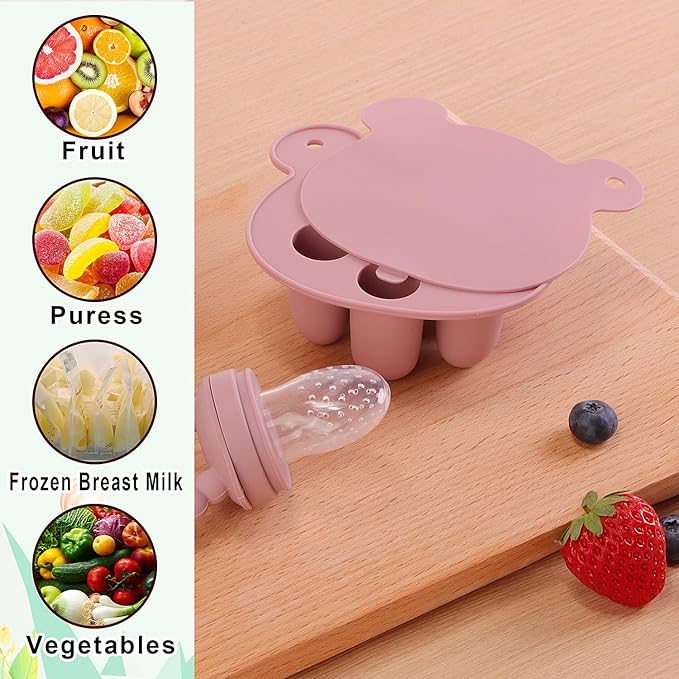 Baby Fruit Feeder & Breastmilk Popsicle Mold Set – 3 Pack Silicone Teething Relief Kit with Food Feeder Pacifier, Freezer Tray with Lid & Baby Teether Toy (Blush)