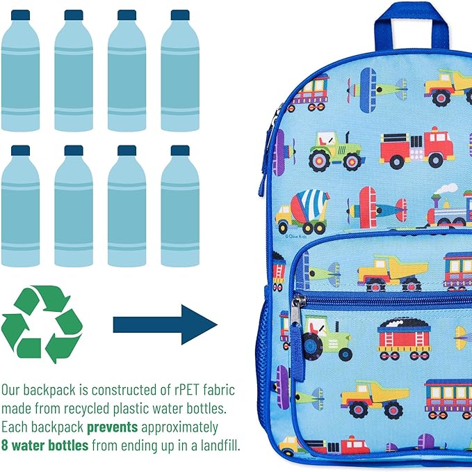 Wildkin ECO rPET Kids Backpack – Recycled, Padded, Adjustable for School & Travel – Trains, Planes & Trucks