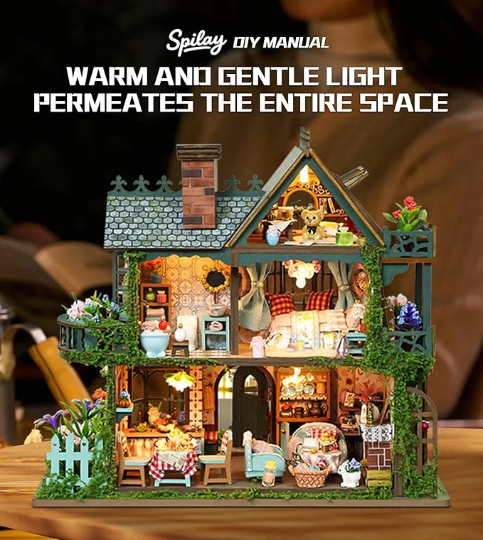 Spilay Miniature Dollhouse Miniature House Kit,DIY Kit Mini Modern Villa Model with Music Box ，Best Christmas Birthday Gift.(Fairy Garden)
