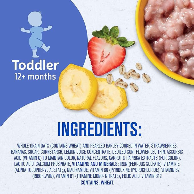 Gerber Toddler Food, Baby Food, Breakfast Oatmeal with Barley, Strawberry Banana Flavor, Cereal, Iron Helps Support Brain Development, 8 Pack