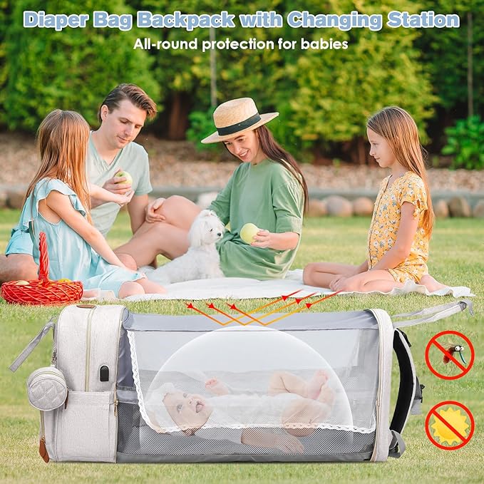 Diaper Bag Backpack, Large Diaper Bag with Changing Station, New Mom Gifts, Lightweight Waterproof Unisex Diaper Bag with Insulated Pockets and USB Charging Port, Beige