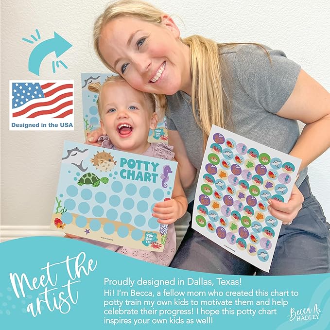 Hadley Designs Potty Training Chart for Toddlers Boys -10 Sticker Potty Chart for Toddlers Girls, 8.5x11" Potty Training Sticker Charts for Toilet Success, Under The Sea Toddler Reward Chart for Kids
