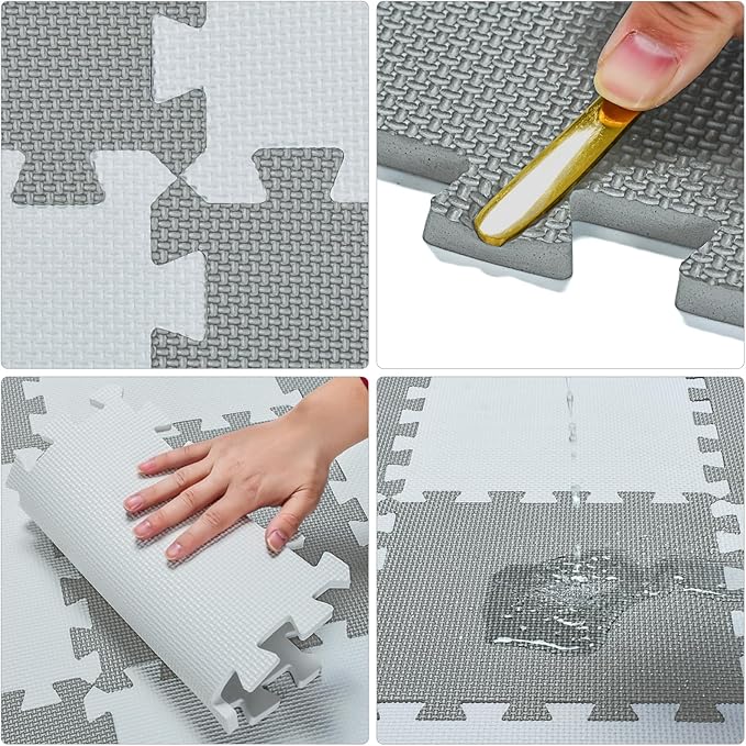 qqpp EVA Rubber 18 Tiles Interlocking Puzzle Foam Floor Mats - Baby Play Mat for Playing | Exercise Mat for Home Workout. Beige, Gray. QC-JLb18N