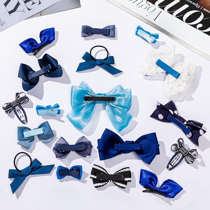 18pcs Blue Hair Bows for Girls,Toddlers,Teens,Women.Fully Lined Alligator Hair Clips,Cute Hair Ties,Non-slip Snap Hairpins,Handmade Hair Accessories Gift Set