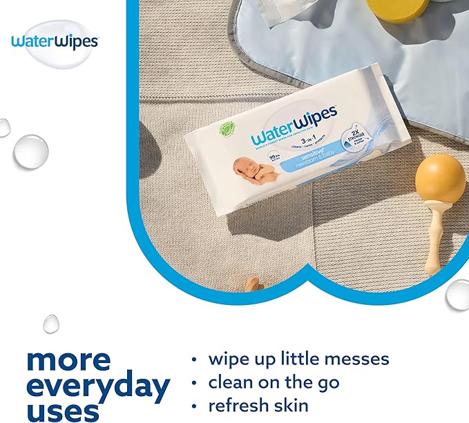 WaterWipes Sensitive+ Newborn & Baby Wipes, 3-In-1 Cleans, Cares, Protects, 99.9% Water, Unscented & Hypoallergenic, 720 Count (12 Packs)