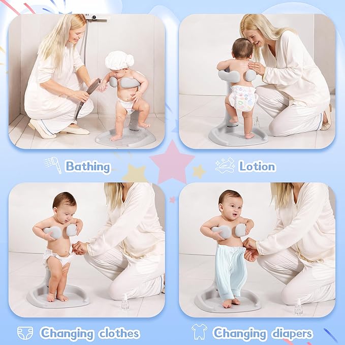 Baby Shower Stand, No-Assembly Baby Bath Stand with Enlarged Anti-Slip Base, Foldable Adjustable Toddler Shower Standing Support, Soporte para Bañera de Bebe, Ideal Gift for Infant 6–36 Months (Grey)