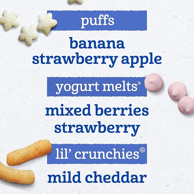 Gerber Strawberry Yogurt Melts, Mixed Berries Yogurt Melts, Banana Puffs, Strawberry Apple Puffs, Mild Cheddar Lil' Crunchies, 9-Pack