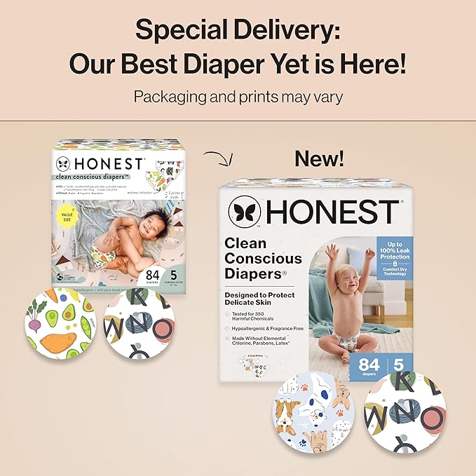 The Honest Company Clean Conscious Diapers for Delicate Skin | Up to 100% Leakproof | Hypoallergenic, Fragrance Free | Gender Neutral | Super Club Box, Size 5 (27+ lbs), 84 Count (Prints May Vary)