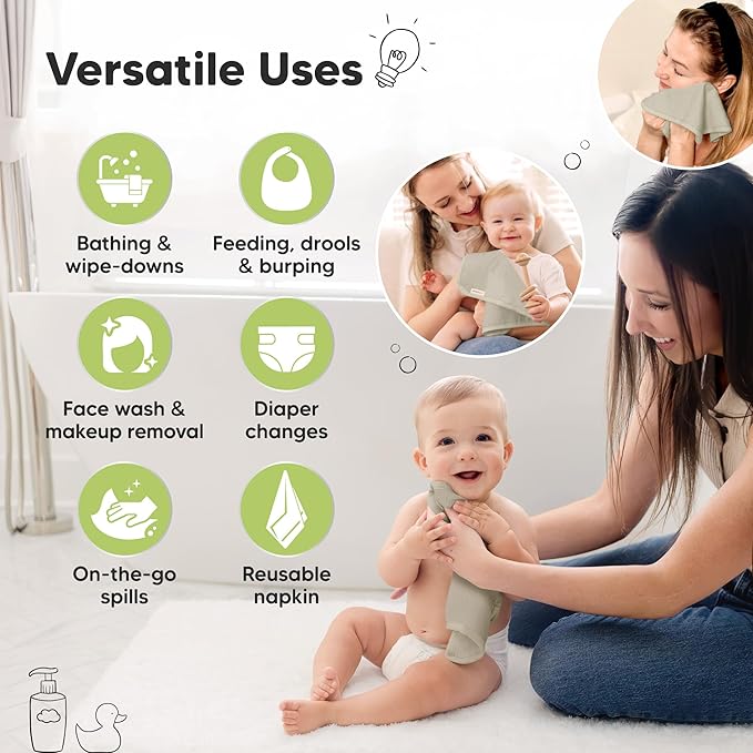 6-Pack Baby Washcloths - Soft Absorbent Viscose from Bamboo Wash Cloths for Babies, Kids, Toddlers, Infant, Newborn Bath Towels, Gentle on Sensitive Skin, 10x10 Reusable Face Towels (Stone)