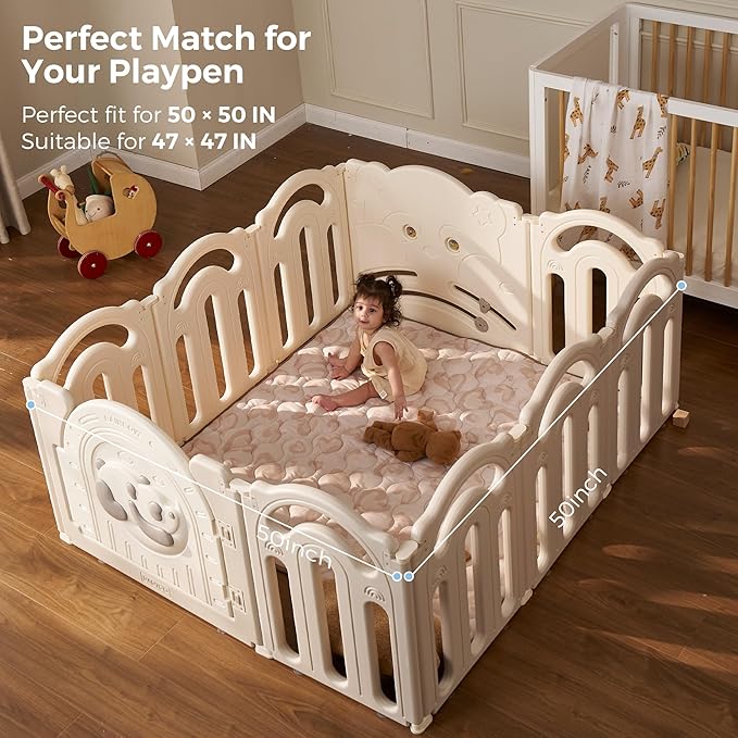 Momcozy Baby Play Mat for Floor, 50x50 Thickened Playpen Mat, Playmate for Baby Tummy Time, Waterproof & Non-Slip, Foldable Outdoor Mat with Carrying Handle, Leopard Heart