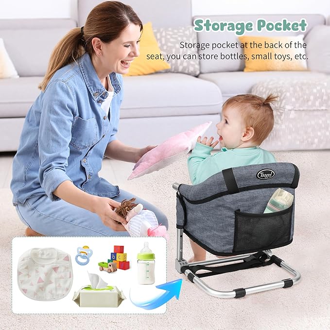 Booster Seat for Dining Table: Portable Toddler Booster Chair with Safety Buckle and Height Adjustable, Foldable Baby Feeding Chair, Kids High Chair Booster Seat for Kitchen Home Travel - Grey