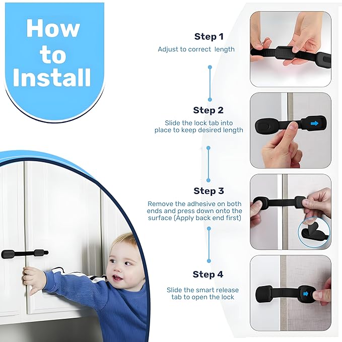 3M Adhesive Child Safety Strap Locks by Baby Proof Me, Baby Latches for Cabinets, Dishwashers, Fridges, Ovens and Trash Cans, Stain Free Toilet Lock (6 Safety Latches)