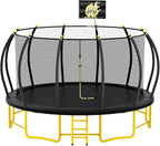 10FT 12FT 14FT 16FT Pumpkin Trampoline for Kids Adults, ASTM Approved Outdoor Recreational Trampoline with Basketball Hoop, Enclosure Net, Yellow