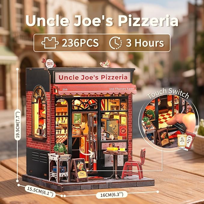 CUTEBEE Book Nook Kit - DIY Miniature House Dollhouse Kit for Adults and Teens, Booknook Tiny House Pizza Shop Bookshelf Decor 3D Wooden Puzzle, Gifts for Family, Friends (Uncle Joe's Pizzeria)