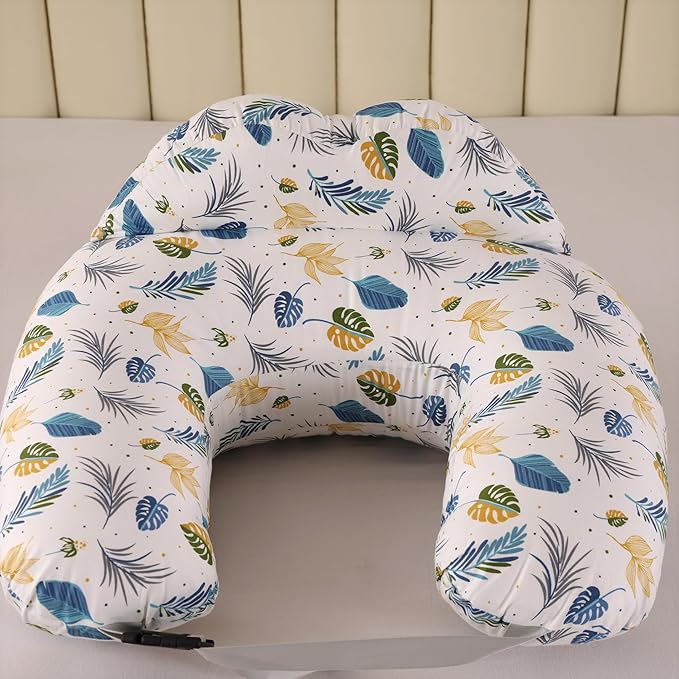 Nursing Pillow for Breastfeeding,Ergonomic Baby Feeding Pillows with Removable Washable Cotton Slipcover, Adjustable Waist Strap,Plus Size,More Support for Mom and Baby(Blue Leaf)