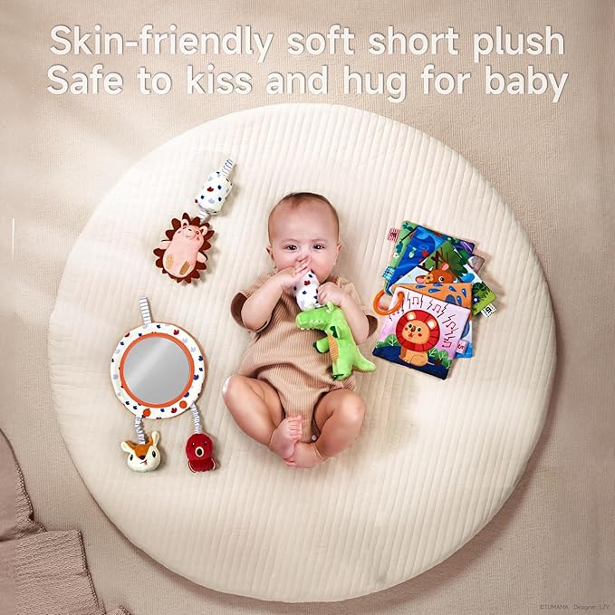 TUMAMA Car Seat Toys 3 6 9 12 Months, Plush Animal Rattle Mirror Soft Crinkle Book Baby Enlightenment Toy Set, Newborn Crib Stroller Play Gym Hanging Toys