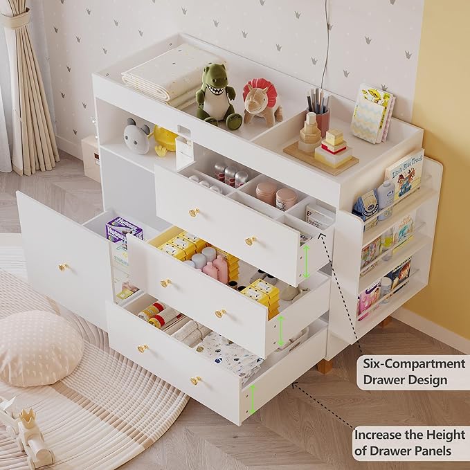 Baby Changing Table,Diaper Changing Table with Large Tabletop,4 Drawers,Open Storage Space & Side Shelves,Modern Storage Crib with Changing Table Dresser for Nurseries and Baby Rooms,White