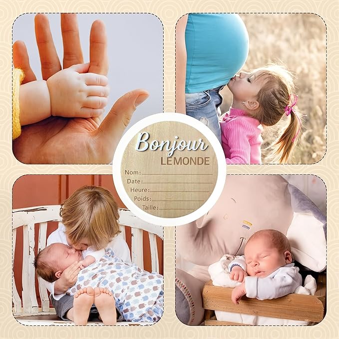 Baby Announcement Sign, 5.9 Inch Wooden Hello World Newborn Signs, "Bonjour Le Monde" Decoration, Birth Announcement Sign, Welcome Newborn Arrival to World, Hospital Nursery for baby