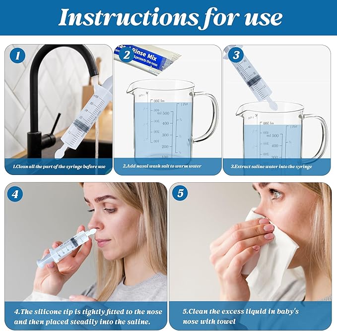 Deepdeem Nasal Irrigator Syringe – Sinus & Allergy Relief with Gentle Nasal Irrigation for Congestion, Portable Home & Travel Use, Includes 10 Saline Flush Packets, BPA-Free & Easy to Clean 60ml