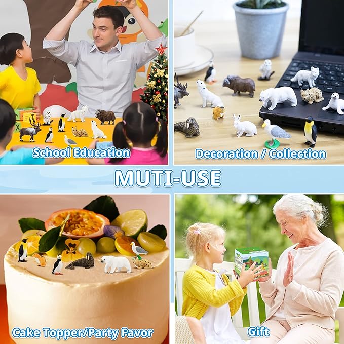 Toymany 14PCS Mini Arctic Animals Figurines Set, Polar Animals Toys with Polar Bear, Caribou, Penguin, Walrus, Wolf Figurines Cake Toppers Birthday Easter Gifts for Preschool Kids