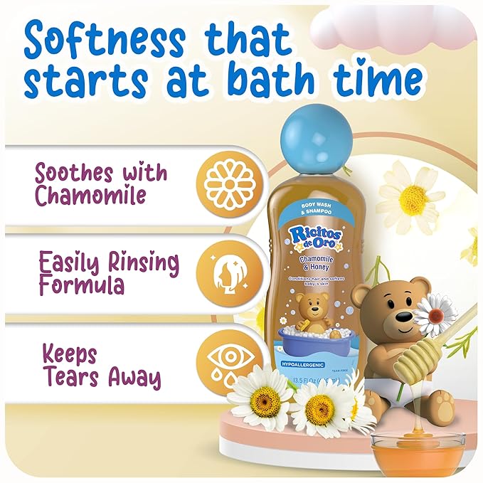 Ricitos de Oro 2-in-1 Baby Shampoo and Body Wash with Chamomile & Honey, Gentle Tear-Free Formula for Newborns & Toddlers, Sensitive Skin Care with Mild Scent, No Harsh Ingredients, 13.5 fl oz, 2-Pack