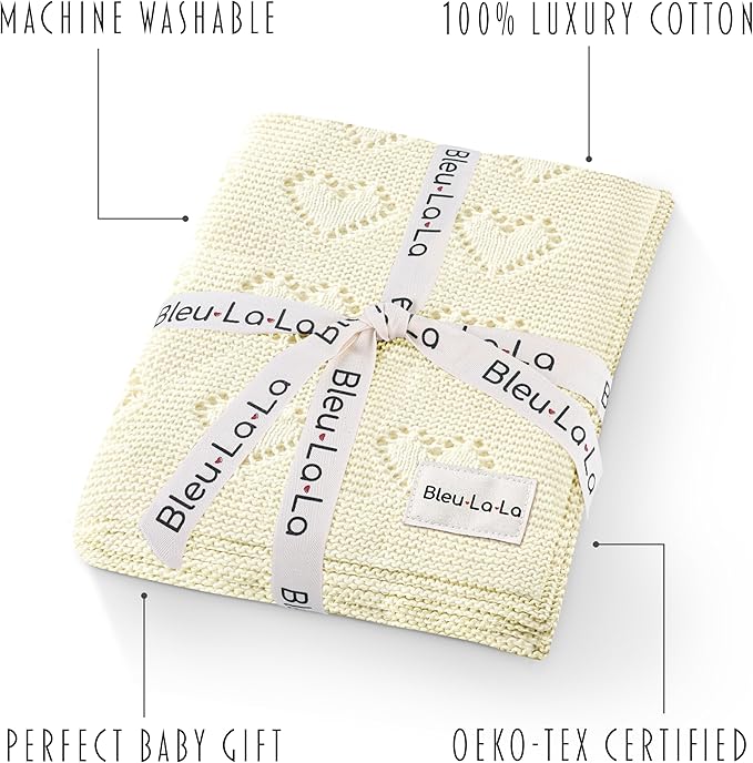 Heirloom Knit Heart Receiving Unisex Blanket for Boys and Girls - 100% Luxury Cotton Baby Blanket - Soft Warm Swaddle Receiving Blanket for Newborns Infants & Toddlers (Ivory)